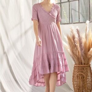 Polagram Blush Smocked High Low Maxi Dress Ruffles Feminine Special Occasion